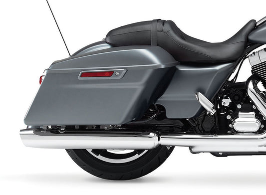 Chrome Slash Down Slip-on mufflers for the Road Glide, Street Glide and Road King Harley touring bikes